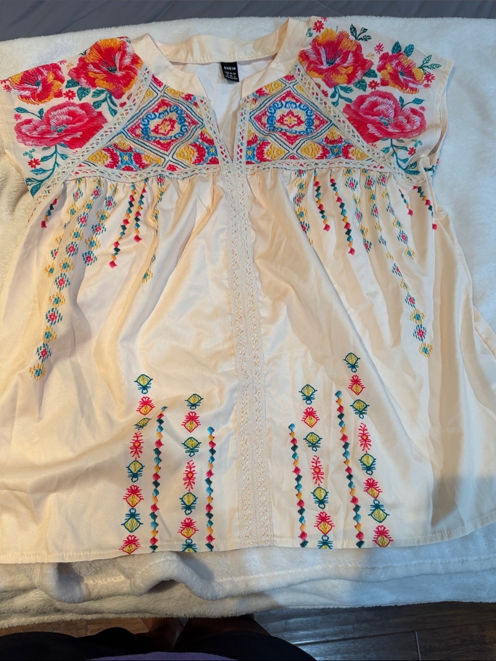 SHEIN Cream Boho Blouse with Pink and Teal Floral Embroidery